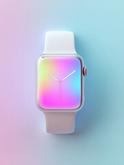 Poster - Smartwatch With Glowing Screen on a Pastel Background Showcasing Modern Technology and Design in a Minimalist Setting Generative AI