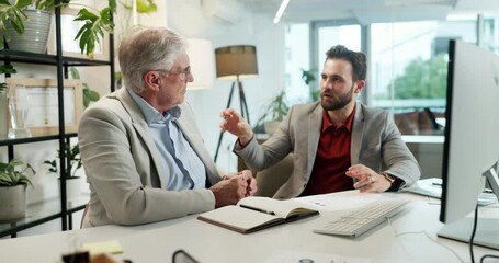 Poster - Computer, teamwork and talking with business people in office for accounting review, audit feedback or discussion. Planning, portfolio manager or collaboration with men in finance agency for report