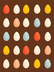 Poster - Colorful Symmetrical Flat Pattern Featuring Small Egg Icons on a Rich Brown Background Generative AI
