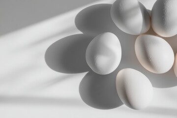 Poster - Soft Shadows Cast by White Eggs on a Minimalist Backdrop for Creative Branding Opportunities in Culinary Design Generative AI
