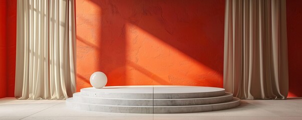 Poster - Empty round podium with curtains is bathed in sunlight in a room with a vibrant red wall, ideal for product displays