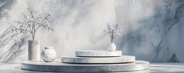 Poster - Serene and elegant minimalistic product display with a white round marble podium, white plants, and a blue wall