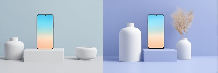 Fototapete - Minimalist Product Display Featuring Smartphone and Stylish Decor on Gradient Background in Clean and Modern Setting Generative AI