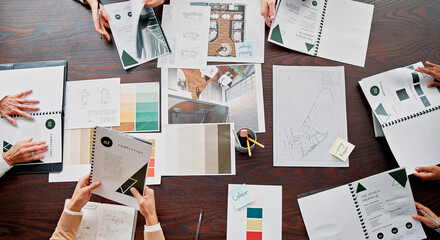 Aufkleber - Planning, creative and above of business people in meeting for project ideas, research and discussion. Design agency, office and workers with paperwork for teamwork, collaboration and brand strategy