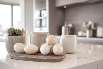Poster - Modern Kitchen Island Showcasing Fresh Eggs and Elegant Ceramic Containers in a Bright, Contemporary Setting Generative AI