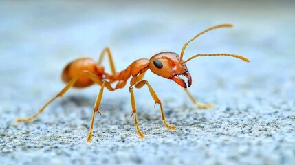 a fire ant in a defensive stance with visible mandibles, standing on a white surface
