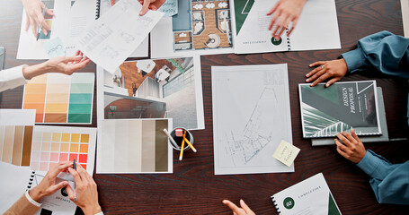 Aufkleber - Paperwork, creative and above of business people in meeting for project ideas, research and discussion. Interior design agency, office and workers for teamwork, collaboration and color palette