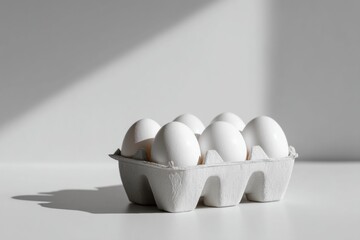 Aufkleber - Six White Eggs in a Minimalist Carton Resting on a Clean White Surface With Soft Shadows Generative AI