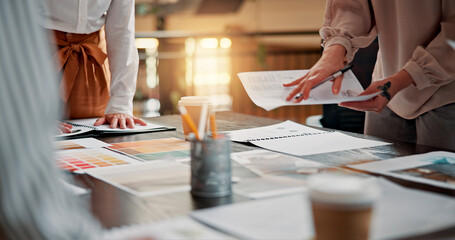 Aufkleber - Documents, design team and hands of business people in meeting for project ideas, research and discussion. Creative, office and workers with paperwork for planning, collaboration and brand strategy