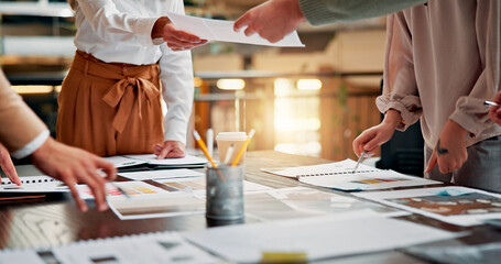 Aufkleber - Meeting, teamwork and documents with hands of business people for interior designer, moodboard layout and planning. Color swatch panel, brainstorming and creative project with employees for paperwork