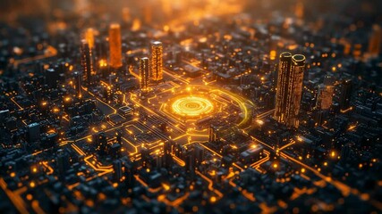 Wall Mural - futuristic city circuit board, glowing lines.