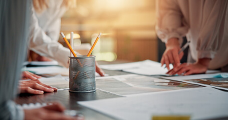 Aufkleber - Meeting, creative and documents with hands of business people for interior designer, moodboard layout and planning. Renovation process, brainstorming and team project with employees for paperwork