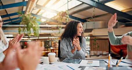Aufkleber - Creative, meeting and business people with high five and applause for success, achievement and victory. Office, startup and workers celebrate for teamwork, project collaboration and congratulations
