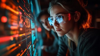 Wall Mural - two women examine futuristic data display.