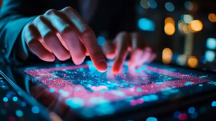Wall Mural - hands interacting with a digital data display.
