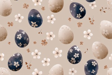 Poster - Colorful Pattern Featuring Eggs and Delicate Flowers on a Beige Backdrop for Springtime Decor and Festive Celebrations Generative AI