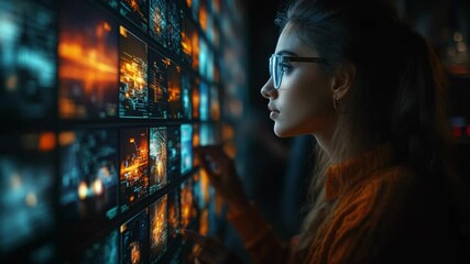 Wall Mural - Woman interacting with glowing digital wall displays.