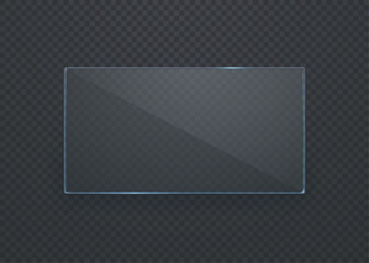 Realistic banner made of flat transparent glass. Glass or mirror on a dark background. Transparent glass showcase or window. Vector 3d illustration.