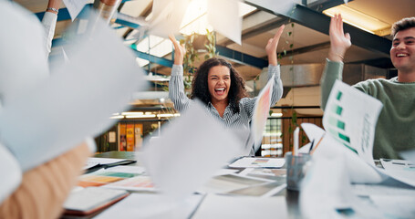 Aufkleber - Documents, throw and celebration with business people in meeting for design deal, project profit or success. Achievement, teamwork or paperwork with employees in creative agency for growth target