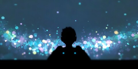 Wall Mural - Stargazing Silhouette: An individual gazes up at a vibrant, luminous cosmic display, lost in contemplation, representing a moment of wonder and awe.