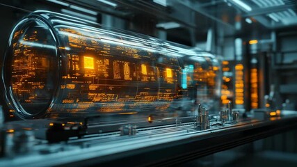 Wall Mural - futuristic, transparent tube with glowing displays in lab.