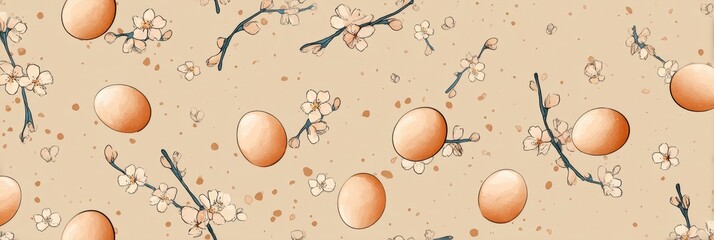 Aufkleber - Easter-themed Pattern Featuring Eggs and Small Flowers on a Beige Backdrop Creating a Cheerful Spring Vibe Generative AI