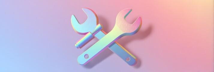 Poster - Colorful Pastel Gradient Background Featuring Floating Wrench and Hammer Icons for Creative Design Concepts Generative AI