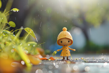 Fototapete - Adorable toy standing in the rain with a yellow raincoat and leaf in hand