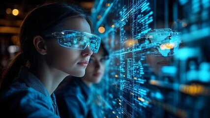 Wall Mural - two women wear augmented reality glasses, examining a complex data display.
