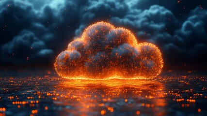 Wall Mural - fiery cloud icon on a dark reflective surface.