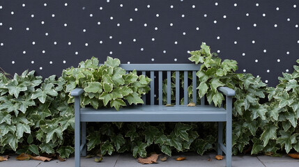 A solitary blue bench, enveloped by enigmatic ivy under a celestial sprinkle, whispers secrets of Garden Meditation Day