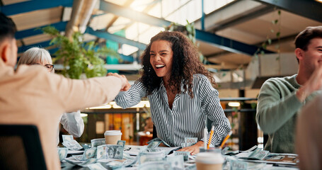 Aufkleber - Boardroom, group and fist bump for celebration, creative and happiness for financial growth and money. Laughing, colleagues and gesture for achievement in business, collaboration and revenue for team