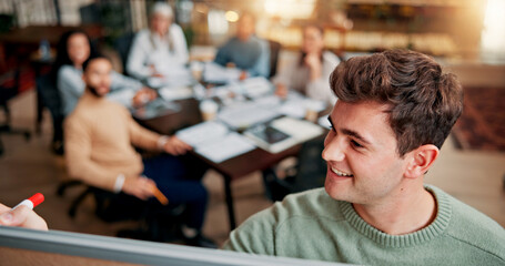 Fototapete - Brainstorming, writing and man with board, smile and brand specialist with ideas, meeting and project. Business, teamwork and people with strategy for target audience, trends and notes for workshop