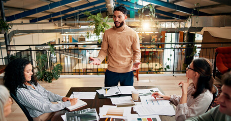 Aufkleber - Presentation, speaker and business people in office with documents for planning creative project. Feedback, meeting and team of magazine editors in discussion with paperwork review for publishing.