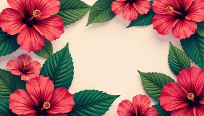 Wall Mural - Bold hibiscus motifs, stylized leaves, geometric arrangement , contemporary, nature