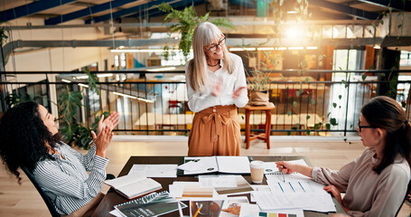 Aufkleber - Creative paperwork, women and applause in meeting for marketing campaign success, KPI goals and achievement. Design agency, manager and team clapping hands for branding approval and project good news