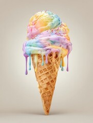 Aufkleber - Colorful Ice Cream Melting Over Waffle Cone in Bright Display Perfect for Summer Treats and Dessert Lovers Generative AI