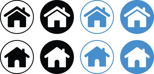 web home button icon, house icon in circle, main page navigation symbol for app and website