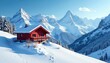 © Chanchai - Red and white striped chalet against snow capped peaks, travel, scene
