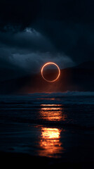 Wall Mural - flaming ring on ocean under stormy skies - dramatic and surreal