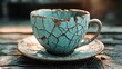 © Adisha - Cracked teal cup and saucer on rustic wood