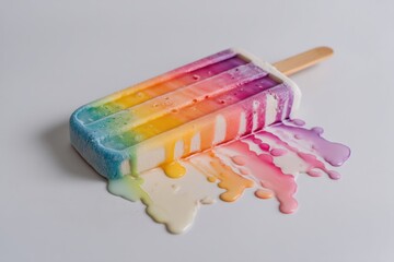 Aufkleber - Melting Rainbow Popsicle on a White Surface Captured in Bright Natural Light Generative AI