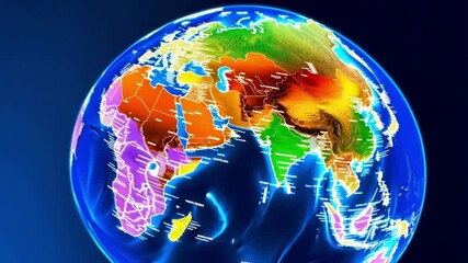 Colorful illuminated digital globe with topography and temperature zones in blue background. Concept of global data visualization and education