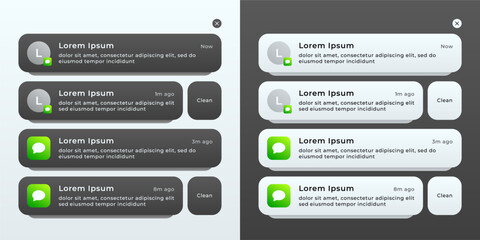 Wall Mural - set of pop-up push notification templates for dark and light themes, vector illustration.