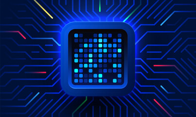 Brightly glowing AI chip on circuit board. Technology background. CPU processor on tech bg. Computer microchip on motherboard.
