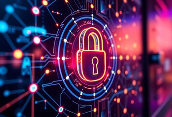 futuristic digital lock interface with glowing network connections, lock, connection