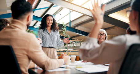 Aufkleber - Presentation, ideas and woman in boardroom, creative and brand specialist with project or brainstorming. Business, teamwork and people with strategy for target audience, trends or speech for workshop