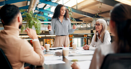 Fototapete - Ideas, speaker and woman in boardroom, creative and brand specialist with project or brainstorming. Business, teamwork and people with strategy for target audience, trends and speech for workshop