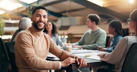 Aufkleber - Portrait, meeting and smile with business man in office for creative startup, discussion and Interior designer. Collaboration, project advisor and workshop with employee in renovation agency