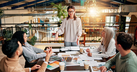 Aufkleber - Presentation, meeting and business people in office with documents for planning creative project. Feedback, speaker and team of magazine editors in discussion with paperwork review for publishing.